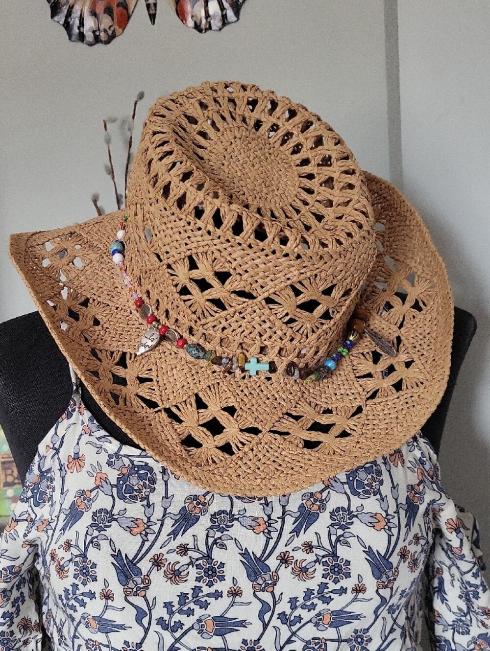 Western Cowgirl Straw Sun Hat with Beaded Accent - Tan - Picture 2 of 14